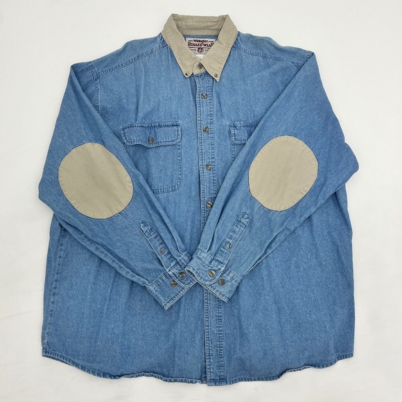 Wrangler Rugged Wear Mens Size XXL Button Down Shirt Denim Collar Elbow Patches - Picture 1 of 8